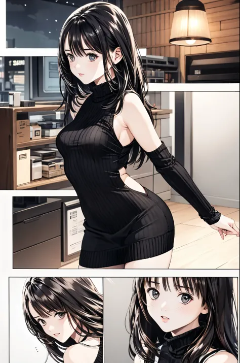   Masterpiece ,  high definition ,  best quality, Illustration,   super detailed ,  detailed face ,  DETAILS EYES ,  best quality,  super detailedな,( 1 girl,Long black hair, dark eyes),(grey turtleneck sweater dress,Backless, sleeveless),Lean forward, stre...