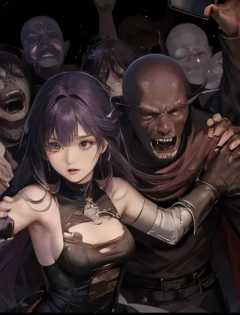  best quality、torture、 slave、restrict、Bondage、Caught by zombies 、Surrounded by zombies 、、 beautiful woman with very long purple hair、Covered in scars、 white armor （ small breasts、 clevis、  off my shoulder、 sleeveless、No elbow pads、belly button、 high leg、  ...