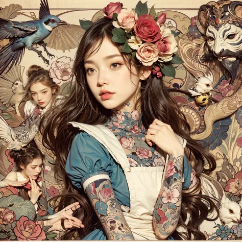 Japanese painting expression 、 Mucha-like design 、 young woman、 long hair、 Alice in Wonderland Costume 、Tattoo、White Rabbit、Dodo Bird 、Queen of Hearts、 Humpty Dumpty 、 Surrounded by other Alice in Wonderland characters、Precision in the details、Wabi-sabi、 F...