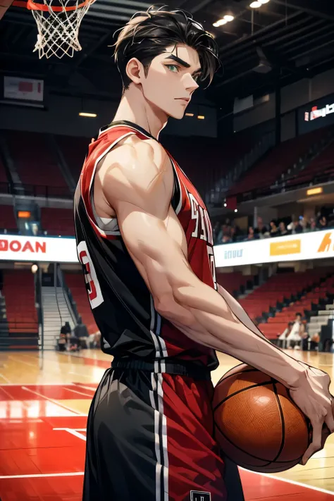 A basketball player with a red and black jersey, standing on a basketball court, long black hair, green eyes, athletic build, handsome, Hispanic, tanned skin