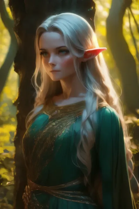 ((close-up face)). Galadriel, a radiant elven queen, standing gracefully in a magical elven forest bathed in soft, ethereal light. She is wearing a flowing green dress adorned with intricate golden embroidery, reminiscent of delicate vines and leaves, perf...