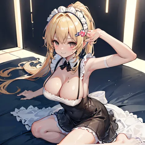 ((               best quality)), ((    Masterpiece  )), (                Details),    Slender woman  ,Gal、 ((( Big Breasts、 blonde alone        、   ponytail 、Curly hair、Brown Skin、   sunburned skin、         slender girl posing in a cute pose      、        ...