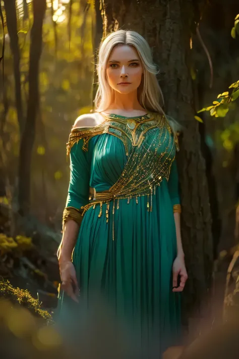 Galadriel, a radiant elven queen, standing gracefully in a magical elven forest bathed in soft, ethereal light. She is wearing a flowing green dress adorned with intricate golden embroidery, reminiscent of delicate vines and leaves, perfectly complementing...