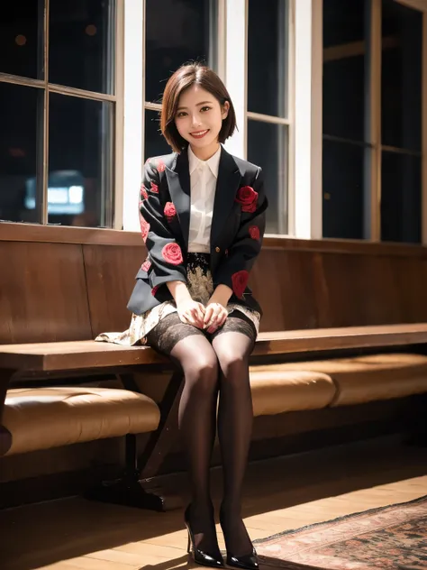 masterpiece,  best quality:1.4,  super detailed:1.4,  movie lights,  Charming Beauties、 short hair、(rose print pantyhose)、 suit jacket、 Black Tight Skirt、Shiny legs、Stained by darkness、 lace fabric、An inviting smile、Premonition of Love、 full body shot、