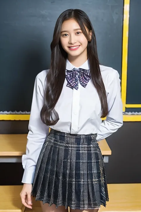  black hair、 straight hair、smile、Beautiful breasts、 slim body、Purple bow tie、yellow school sweater、Im wearing a whiteshirt inside、 plaid pleated miniskirt wearing a whiteShirt underneath、 standing in a classroom、In school