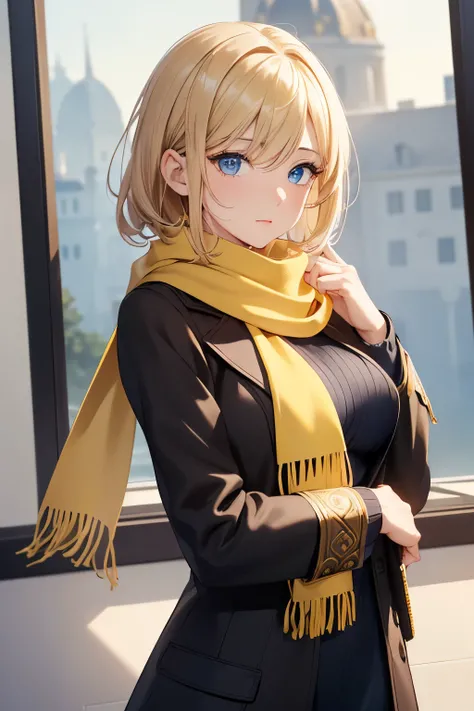 (​masterpiece),(top-quality:1.2), 1 woman,(Masseter muscle area:1.3), exquisite details, Highest quality 8K resolution, ultra-detailed, Realistic,  vibrant colors, ( very small breasts), (Very slim body), ( yellow scarf :1.3), (Black knitted sweater), ( Br...