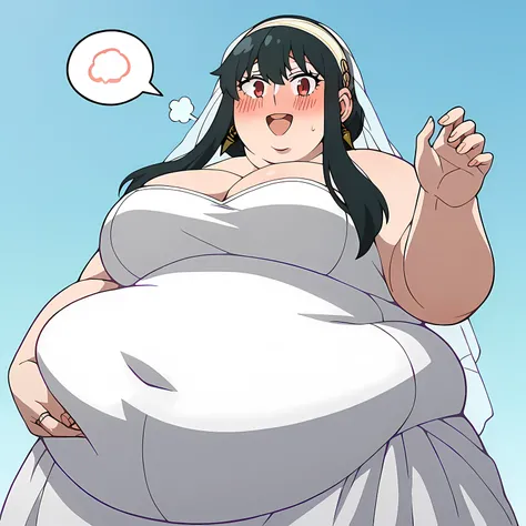 score_9, score_8_up, score_7_up, score_6_up, source_anime, solo, BREAK,
yorbriar, yor briar, black hair, earrings, white hairband, hairband, long hair, smile, big breasts, smile blushing, looking at viewer, wedding dress, wedding veil, off shoulder, cleava...