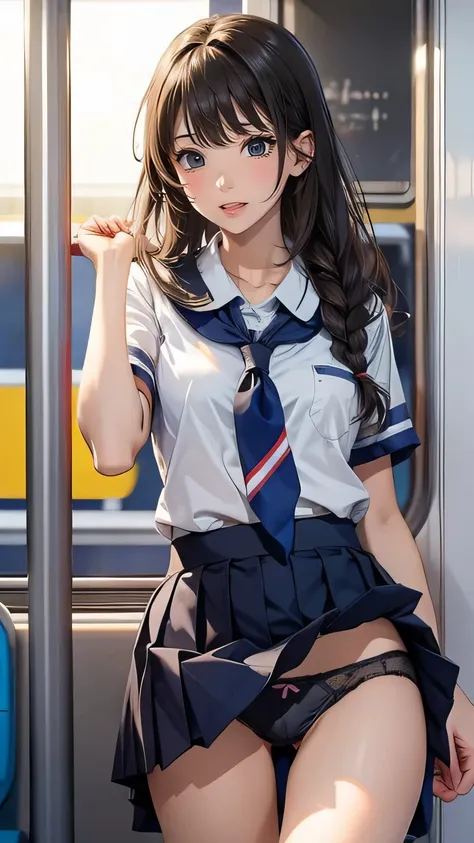 1girl, school uniform, wind lift, panties in train