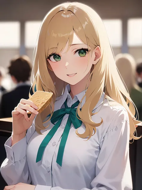 (looking away:1.5),Upper Body,holding a sandwich,
Realistic, real person, (pale skin: 1.2), RAW photo, photorealistic, shiny skin, shiny hair、(A 25-year-old woman with medium-length hair and bangs) and (wavy hair) and ( blonde hair :1.5) and (green eyes:1....