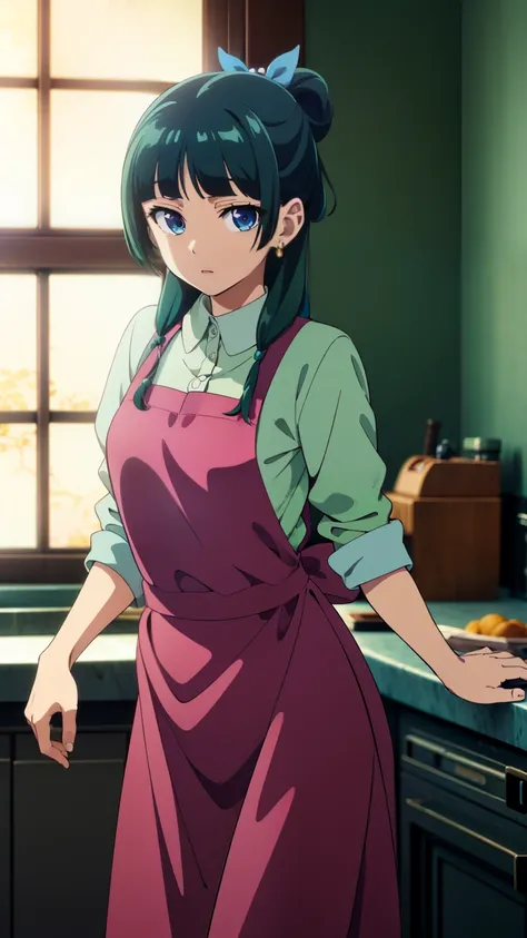 Top quality (8k, high resolution, masterpiece: 1.2), super detailed, anime art style, dynamic angle, (green hair, blue eyes:1.3), (inner, apron, pants, kitchen, indoors), (small medium breast:1.2), detailed green hair, detailed blue eyes, intricate hairsty...