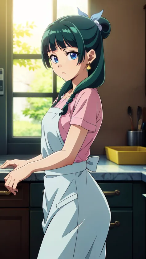 Top quality (8k, high resolution, masterpiece: 1.2), super detailed, anime art style, dynamic angle, (green hair, blue eyes:1.3), (white inner, apron, pants, thighs,  kitchen, indoors), (small medium breast:1.2), detailed green hair, detailed blue eyes, in...