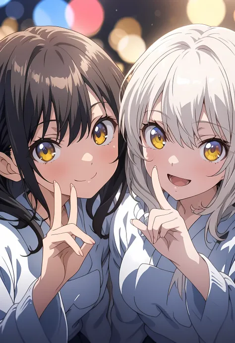 Two Girls, twins, masterpiece, Highest quality, Highly detailed CG Unity 8k wallpaper, High School Girl Anime Illustration. Make a peace sign to the audience, she has her eyes closed and mouth open, smile. The background is a simple single color, white hai...