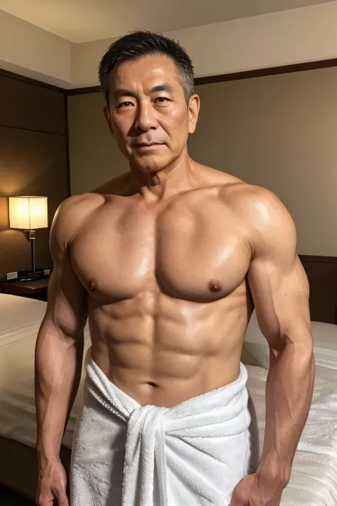 60 years old, Japanese,    Height 183 cm    ,Weight 88 kg    ,Topless 、 The waist and bottom are completely wrapped in a towel、 There is no towel on the upper body or shoulders 、Shoulders, chest, and arms are clearly visible 、 Standing in a luxury hotel gu...