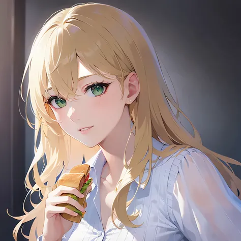 (looking away:1.5),Upper Body,(holding a sandwich:1.5),
Realistic, real person, (pale skin: 1.2), RAW photo, photorealistic, shiny skin, shiny hair、(A 25-year-old woman with medium-length hair and bangs) and (wavy hair) and ( blonde hair :1.5) and (green e...