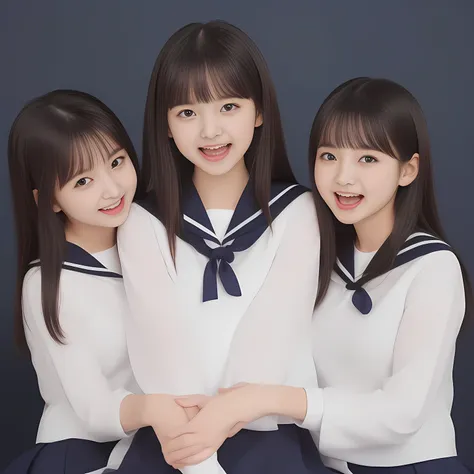 (Highest quality, masterpiece:1.2), Highest quality, High resolution, 1080P, 8k, (Two 13yo Japanese 美少女アイドル are seated and give strong subliminal sexual invitation and temptation, undressing navy uniform, cute skirt with beautiful knees, looking at the vie...