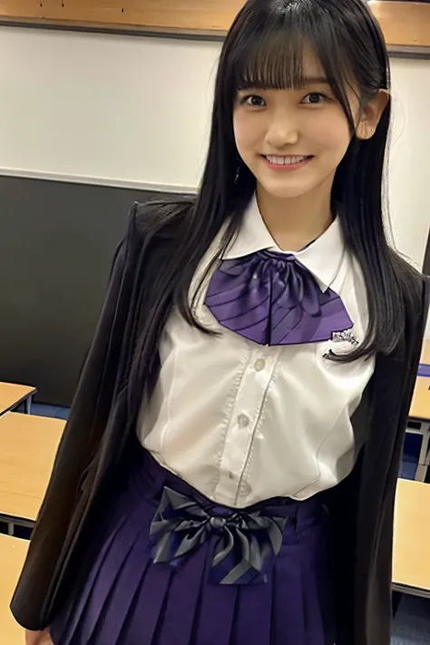  black hair、 straight hair、With bangs、smile、Beautiful breasts、 slim body、Purple bow tie、purple blazer jacket 、Im wearing a whiteshirt inside、 plaid pleated miniskirt wearing a whiteShirt underneath、 standing in a classroom、In school