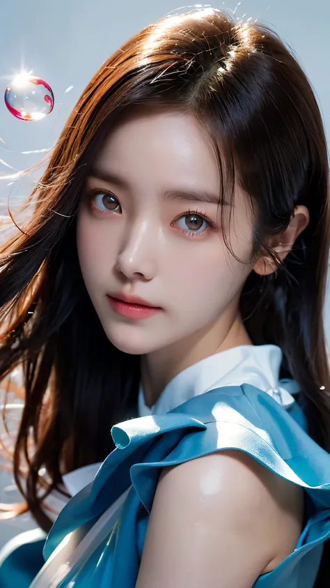 (masterpiece), (best quality), (ultra detailed),(disheed hair),(illustration), (1girl), (Fashionable clothing), standing, Fashion model, looking at viewer, (interview), (simple background), Beautiful detailed eyes, delicate beauty, floating, (high saturati...