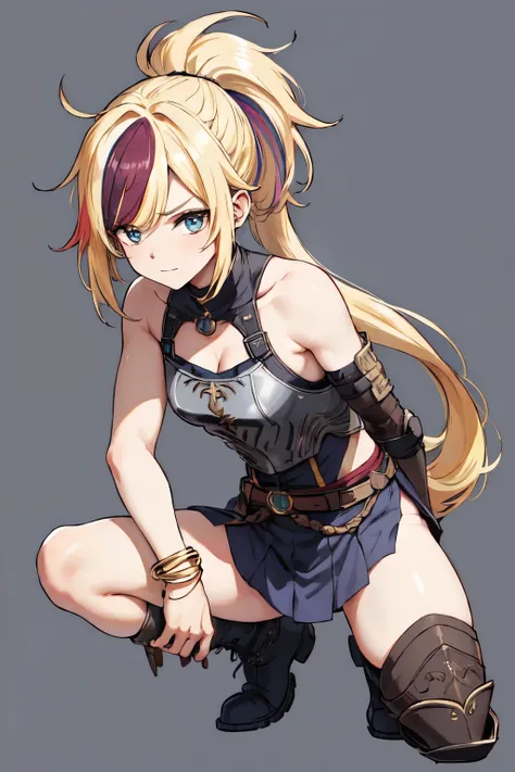 1 , Cabelo comprido, backwards bangs, ultra long multicolored Franja, gorgeous, Cabelo loiro, long messy ponytail, shouder piece of armor, left bracelet, Short breastplate, long iron boots, cute pose, Alta resolução, Obra-prima, Melhor qualidade, simple ba...