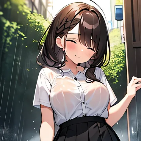   Masterpiece ,  best quality, ( 1 beautiful girl with raised cheeks ),  adult woman、 nipples visible , Brown Hair、 boobs,  braid hair,  Medium Hair ,  wet hair ,  Short Bang , Standard weight, blouse, Short sleeve,  pleated skirt, (Wet clothes):1.2, black...