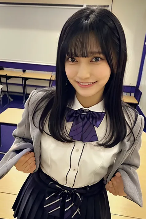 black hair、 straight hair、With bangs、smile、Beautiful breasts、 slim body、Purple bow tie、purple blazer jacket 、Im wearing a whiteshirt inside、 plaid pleated miniskirt wearing a whiteShirt underneath、 Im crossing my hands behind my head、 standing in a classr...