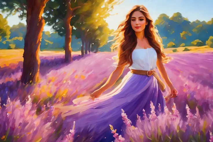  Beautiful girl in a lavender field full of flowers, oil painting style with spatula,  vivid colors , HDR,  belt, realistic,  sunlight filtered through the trees,  soft and warm lighting , flowing dress, long flowing hair, delicate features, captivating ga...