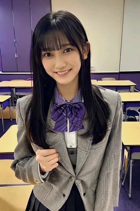 black hair、 straight hair、With bangs、smile、Beautiful breasts、 slim body、Purple bow tie、purple blazer jacket 、Im wearing a whiteshirt inside、 plaid pleated miniskirt wearing a whiteShirt underneath、 Im crossing my hands behind my head、 standing in a classr...