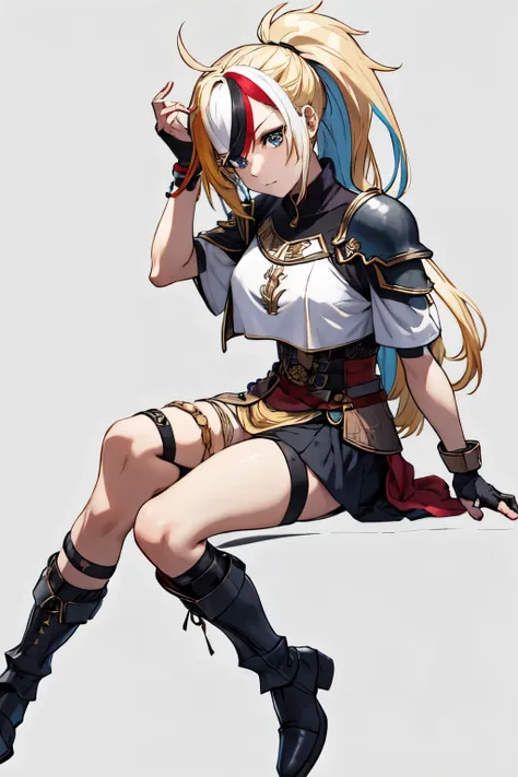 1 , Cabelo comprido, backwards bangs, ultra long multicolored Franja, gorgeous, Cabelo loiro, long messy ponytail, shouder piece of armor, left bracelet, Short breastplate, long iron boots, cute pose, Alta resolução, Obra-prima, Melhor qualidade, simple ba...