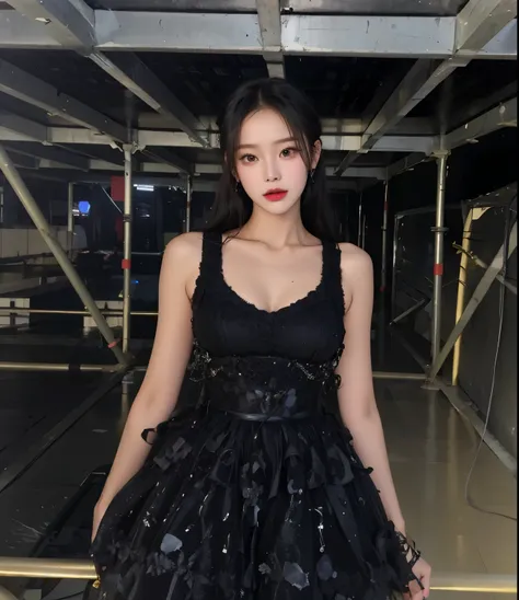 arafed woman in a black dress standing on a metal platform, blackpink jennie, jossi of blackpink, she is wearing a black dress, heonhwa choe, roseanne park of blackpink, gongbi, portrait of jossi of blackpink, jisoo of blackpink, seseon yoon, kimi takemura...