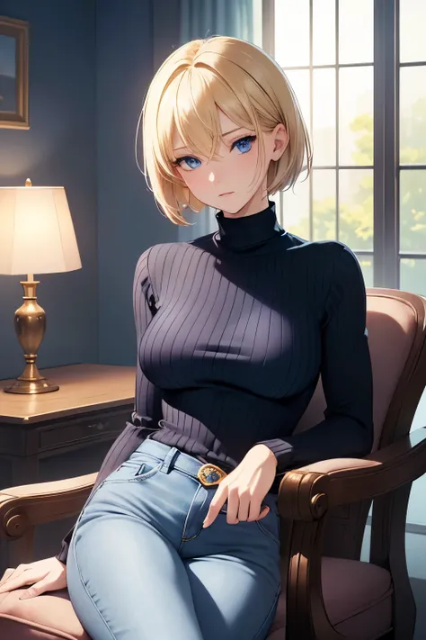 (​masterpiece),(top-quality:1.2), 1 woman,(Masseter muscle area:1.3), exquisite details, Highest quality 8K resolution, ultra-detailed, Realistic,  vibrant colors, ( very small breasts), (Very slim body), (black knitted high neck sweater ), (blue jeans ), ...