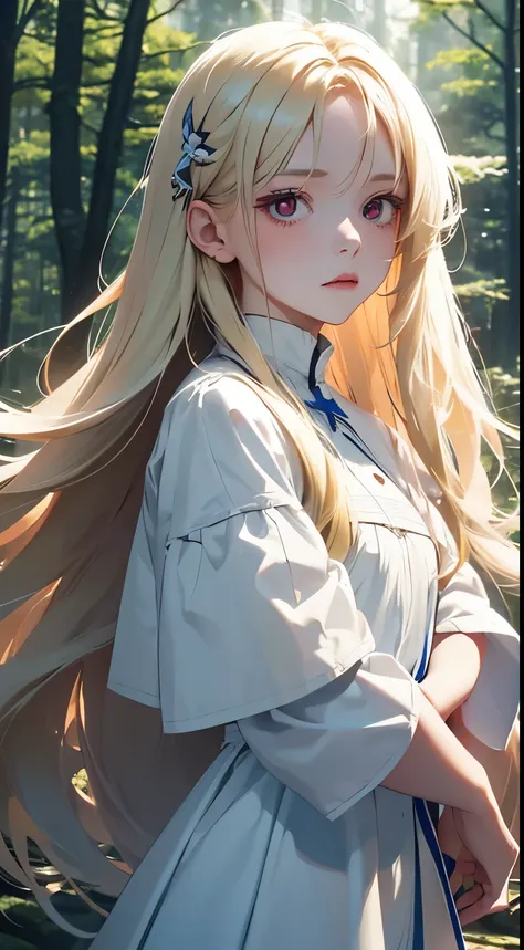  1 girl,albino, cute, beautiful,  long hair, Red eyes, Im wearing a white and blue dress,  blonde hair,((8k,  ultra high resolution with forest background,   surrenders ))