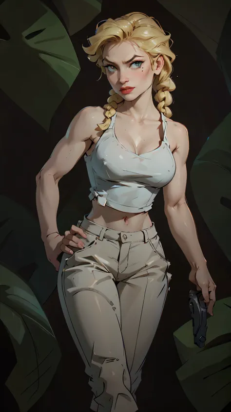 Denise, with helgas hair, evil smirk, blonde hair in braided ponytail, white tank top, cleavage, green pants, old-fashioned pistol in hand, underground cave, wet, nipple bumps