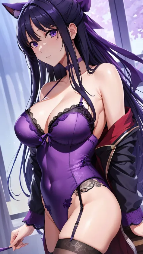 Akane Ryuzoji、 (  best quality) 、 (  best quality) 、(masterpiece)、(8k resolution),Beauty、(  looks like an adult )（  perfect style ）、( Big Breasts )、 、Dark blue long hair、 Purple ribbon 、  unbearable ecstasy 、（Get closer）、 purple lace garter belt、Purple lac...