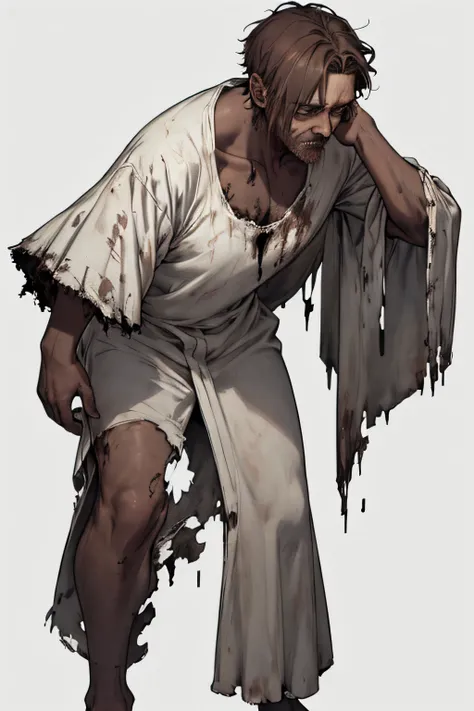  no background　 Full Body Standing Painting 　Skin color　 Tattered Clothes　dingy white dress　Middle-aged man　Unhealthy　Unkempt Head 　Short Hair　 brown hair　Blood　 hollow eyes　Slim body　 Tall　Hunchback