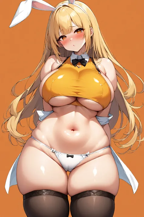 Asian girl, yellow hair, orange eyes, tight yellow crop top, underboob, white panties, bunny ears, sexy, submissive, orange background, huge breasts, heavy blushing, arms behind back, thigh highs, thick thighs, standing,
