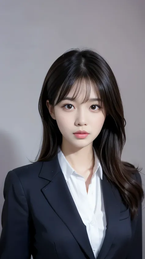 Realistic portrait of a 30-year-old Korean woman, Business style clothing, Full face, Solid color background