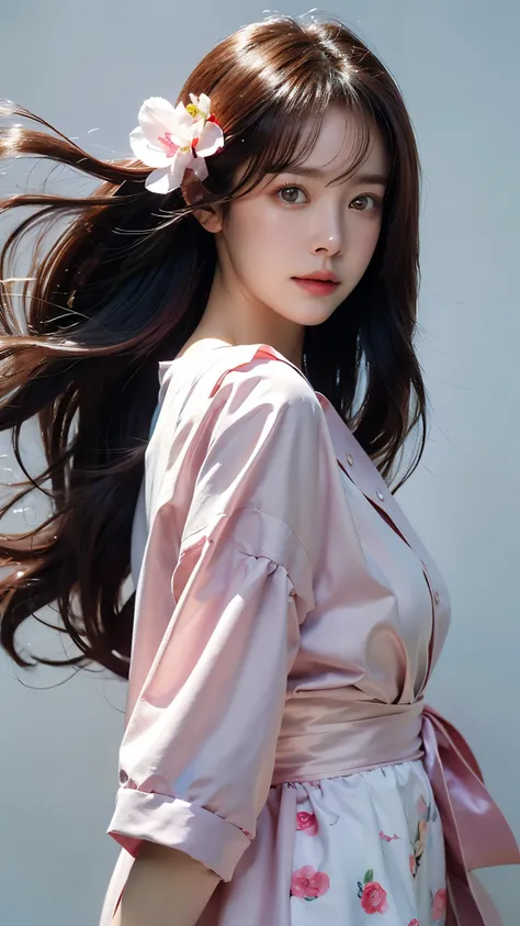 (masterpiece), (best quality), (ultra detailed),(disheed hair),(illustration), (1girl), (Fashionable clothing), standing, Fashion model, looking at viewer, (interview), (simple background), Beautiful detailed eyes, delicate beauty, floating, (high saturati...
