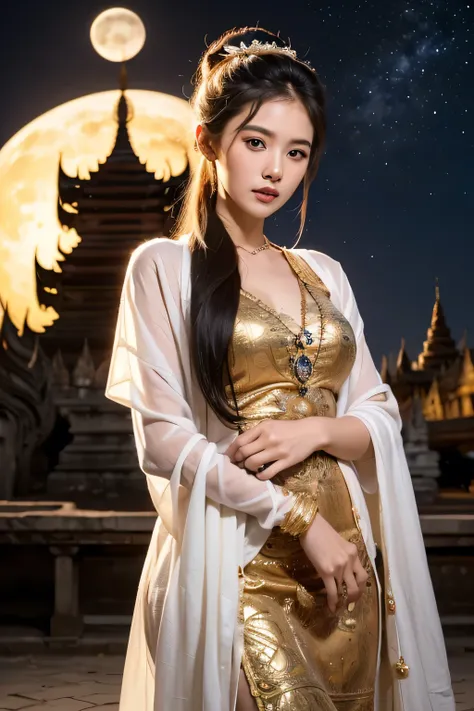 a solo beautiful princess, elegant, detailed, pret ty, (rubenesque), (Bagan Pagoda background),(night sky), Full Moon, Myanmar traditional ele gant detailed dress, Hair in a bun, (art by dgtlv2 and henry asencio and zeen chin and josephine wall and edwin d...