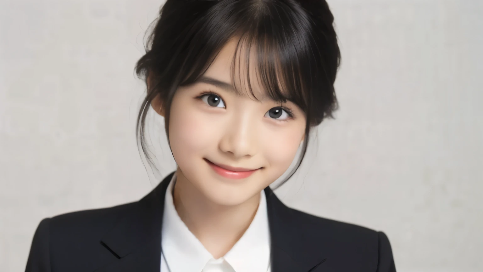 (Realistic: 1.4), (highest quality: 1.4), (Fine grain), Full body shot, ((White background)), ((Watching the audience)), ((One adult woman)), Black Hair, ((suit)), Wide eyes, Blushed face, smile, Highly detailed face and skin texture, Healthy Skin, 8k reso...