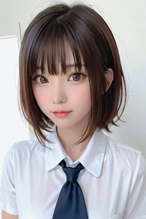 (8k、  Masterpiece 、 best quality、  highest resolution )、(  girl、Alone、 big eyes、cute、  idol face)、( small breasts:1.3)、( flat body )、( slender)、、( close-up shot of her face :1.15)、、(  white simple background)、Front closure、(school uniform:1.3)、 ties