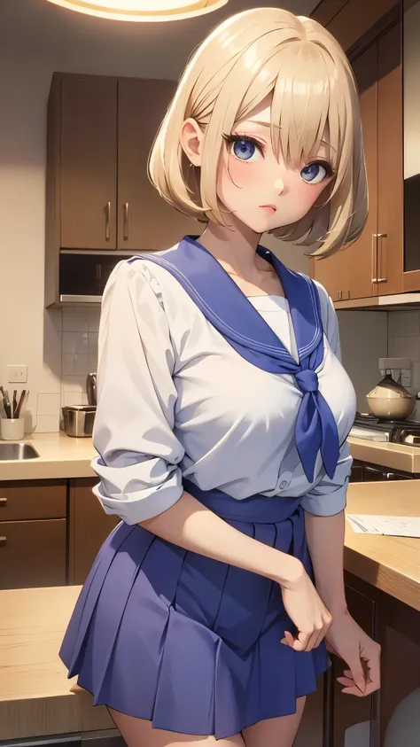 Umino Yuki、masterpiece,  best quality、 best quality,(8k resolution),Beauty、(Adult female)、 （  Sexy Perfect Style）、(  medium chest )、Blonde Bob Cut、white and blue sailor uniform、 blue skirt