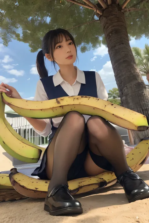 Masterpiece,8k, Beautiful Japanese female idle, blouse, Pleated skirt, school uniform, Black Pantyhose, foot,  girl sitting with legs spled, (eat a Banana:1.8), Plump breast, Blonde pony tail, Blushed face, (From below:1.3), Sundown, Close-up, splash, beac...