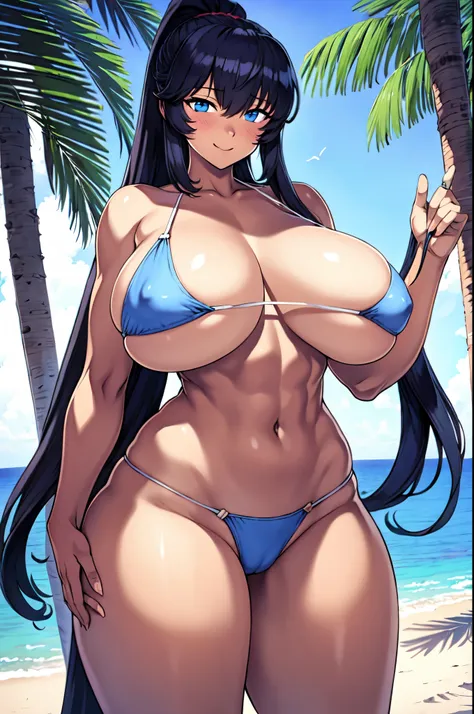 masterpiece, Highest quality、on the beach、Shiny skin:1.5、1girl,solo,long hair,breasts,looking at viewer,standing,dynamic pose,smile,blue eyes,white sling bikini,black hair, ponytail haircut,very long hair,dark skin,large breasts,muscular body,muscular hips...