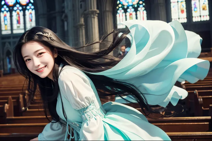  best quality　masterpiece　 Details　A super beautiful woman is smiling, blown by the wind, and her long black hair is fluttering　Photo style　 imaginary　 fantasy standing in a church