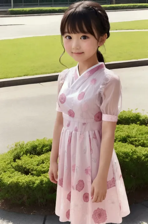 Japanese elementary school girl baby face  pink flower pattern see-through dress, park smile with lots of greenery