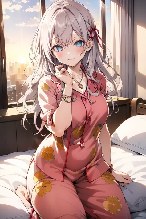 "(sunrise:1.7),   A 22-year-old girl lying on a luxurious bed  , con beautifuls dedos, un beautiful cuerpo, a beautiful nose ,   Perfect Eyes,   a perfect face and an impressive character design  .   An anime girl with yellow hair that falls in loose waves...