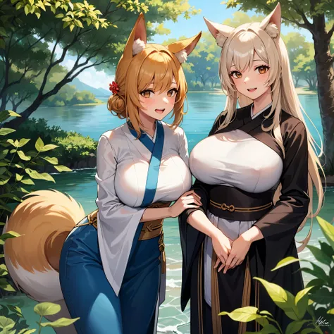  detailed background,  1 girl, Alone,  blonde hair ,  Brown Eyes ,  fox ears,  fox girl, Hanfu, silk,  Long Sleeve ,  open her mouth , smile, tooth,  watching viewers , (arrive:1.3), (Mature Woman:1.2), ( mature woman :1.2), (Old:1.2), ( Big Breasts :1.3),...