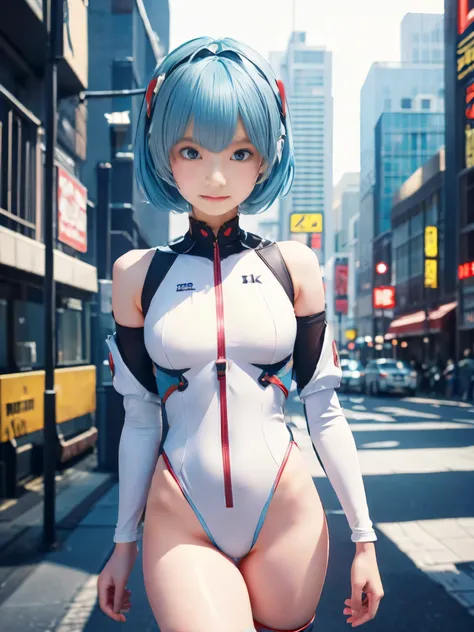 (masterpiece,   best quality:1.2), 8k,     Young Beautiful Girl    , 85mm,    Official AR RAW photos  , baby face、Rei Ayanami, (beautiful bright light blue hair:1.4), High definition hair,  short hair, red eyes, (red eyes:1.5), tights, Big Breasts,  headge...