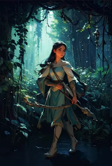 A full image of beautiful woman archer, wearing leather, carrying a bow. serene forest, slightly bluish hue, very beautiful. Soft, whimsical forest as a background with a teal hue. DND artstyle, not realisitc, artistic、high definition detail、hyper-detailin...