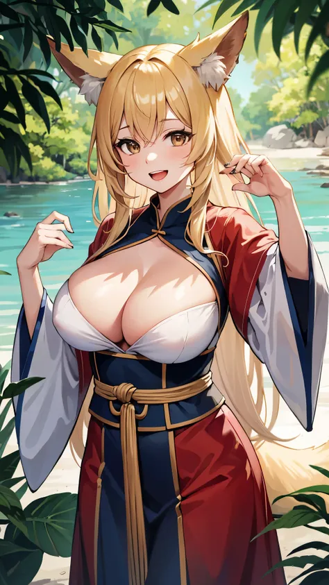  detailed background,  1 girl, Alone,  blonde hair ,  Brown Eyes ,  fox ears,  fox girl, Hanfu, silk,  Long Sleeve ,  open her mouth , smile, tooth,  watching viewers , (arrive:1.3), (Mature Woman:1.2), ( mature woman :1.2), (Old:1.2), ( Big Breasts :1.3),...