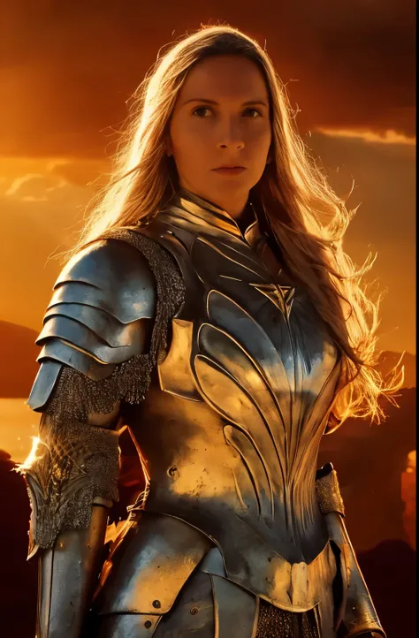 Galadriel, inspired by the series "The Rings of Power", (((L4L4 face))), in a majestic pose at the center of the scene , wearing shimmering silver armor and elven details, with its blond hair flowing under a golden light . The background shows an epic l...